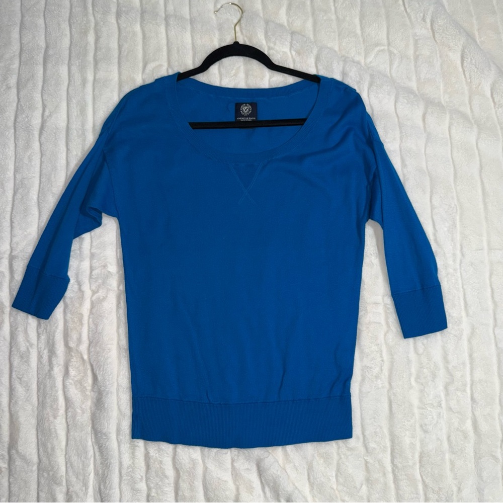 American‎ Eagle Outfitters Blue Crew Neck 3/4 Sleeve Cotton Sweater Top Sz.S
